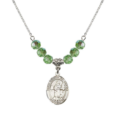 St. Isidore the Farmer Oval Sterling Silver 6mm Peridot Austrian Crystal Beaded Necklace, Measures 3/4 inch tall by 1/2-inch wide, Gift Box, Bliss Manufacturing