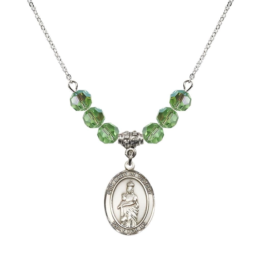 Bliss Our Lady of Victory Sterling Silver 6mm Peridot Austrian Crystal Beaded Necklace with Plated Chain