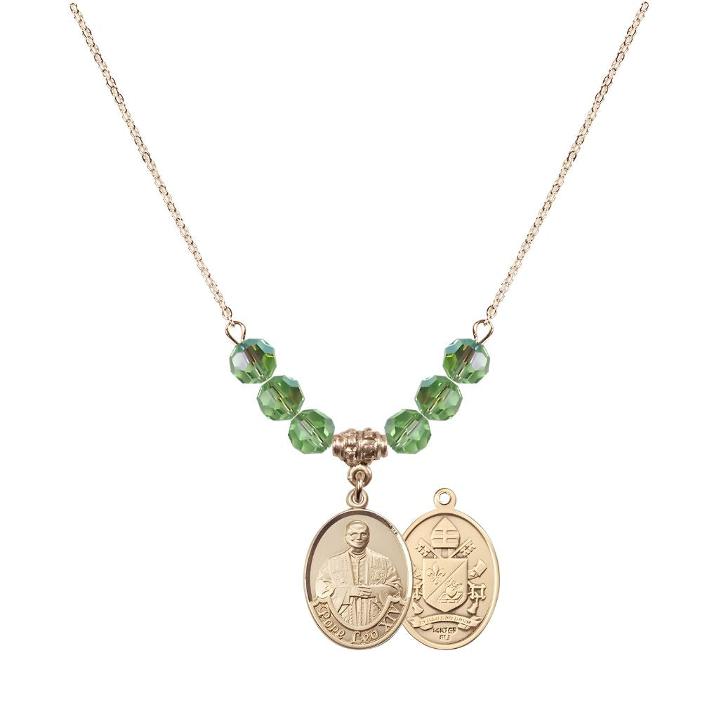 Bliss Pope Leo XIV Beaded Necklace with Gold-filled Medal, 6mm Austrian Crystal Peridot Beads for August
