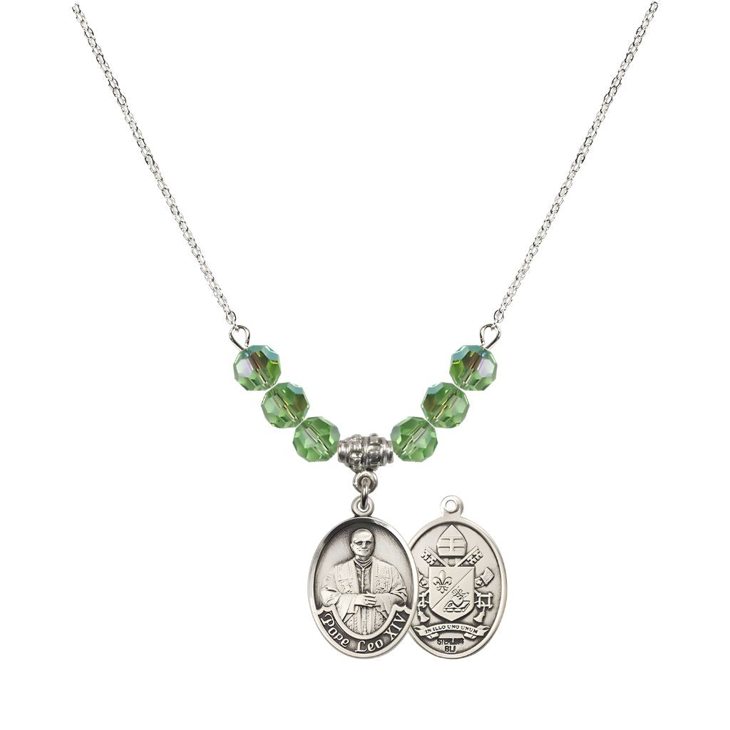 Bliss Pope Leo XIV Crystal Sterling Silver Medal Beaded Necklace with Peridot Crystal Beads,