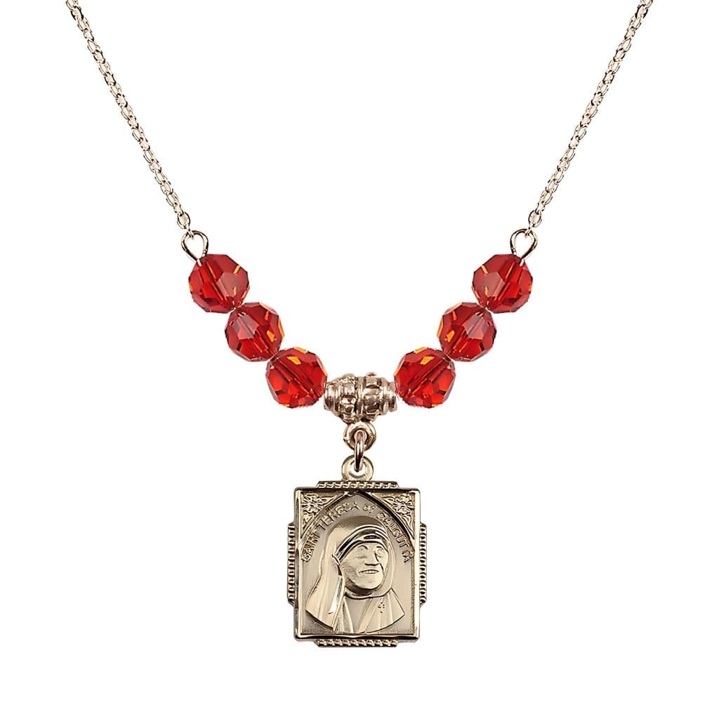 Bliss St. Teresa of Calcutta Square 14kt Gold-filled Ruby Crystal Birthstone Necklace,