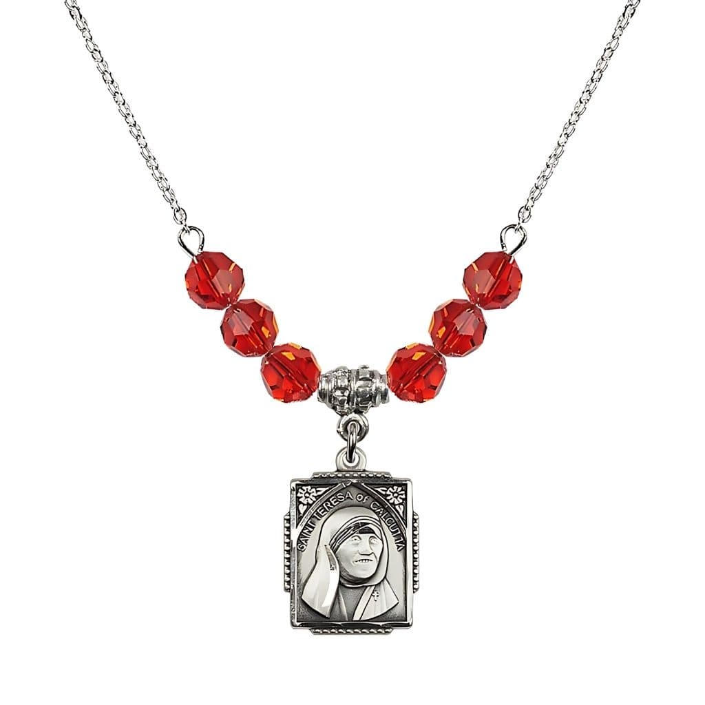 Bliss St. Teresa of Calcutta Square Sterling Silver Ruby Crystal Birthstone Necklace,