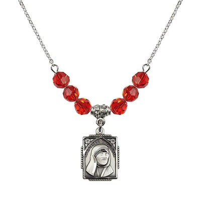 St. Teresa of Calcutta Square Sterling Silver Ruby Crystal Birthstone Necklace, Bliss Manufacturing