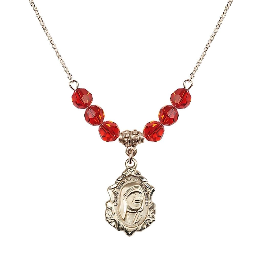 Bliss St. Teresa of Calcutta 14kt Gold-filled Crystal Birthstone Necklace with 6mm Ruby Crystal Beads