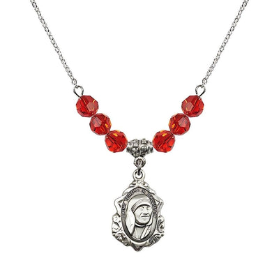 St. Teresa of Calcutta Sterling Silver Crystal Birthstone Necklace with 6mm Ruby Crystal Beads, Bliss Manufacturing