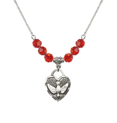 Dove Confirmation Heart Medal with 6mm Ruby Crystal Bead Necklace, 3/4 inch tall by 5/8 inch wide, Bliss Manufacturing