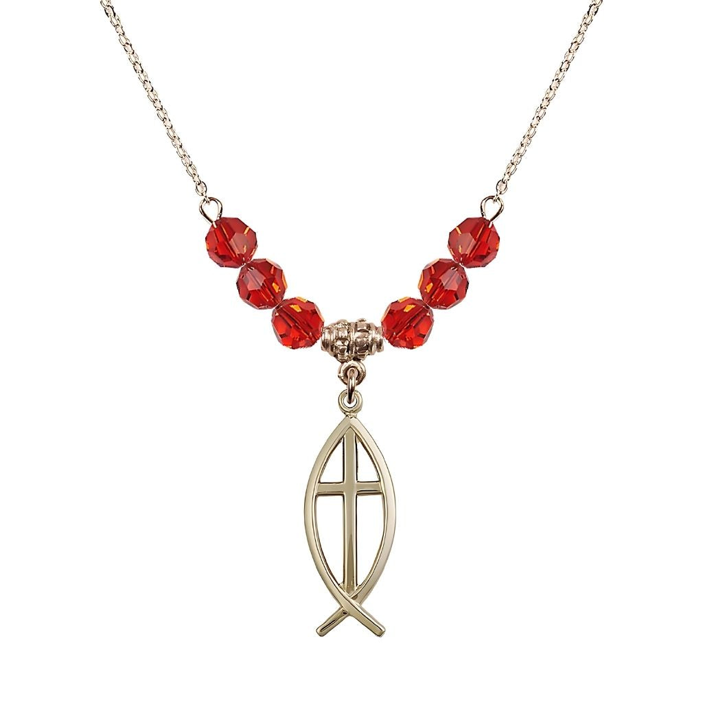 Bliss Fish Cross Crystal Ruby Birthstone Necklace with 18" Chain, Medal 1",