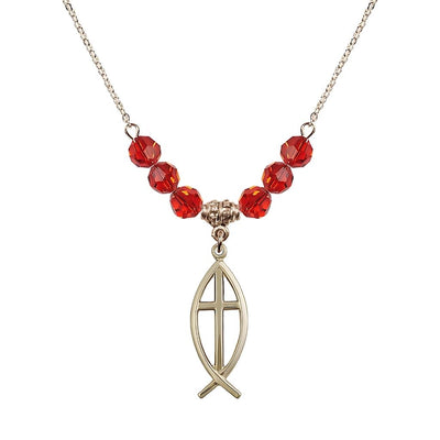 Fish Cross Crystal Ruby Birthstone Necklace with 18" Chain, Medal 1", Bliss Manufacturing