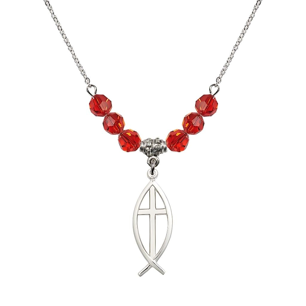 Bliss Fish Cross Crystal Birthstone Necklace with 18-inch Chain in Ruby, Medal 1 inch tall by 3/8 inch wide