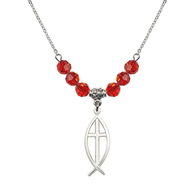 Fish Cross Crystal Birthstone Necklace with 18-inch Chain in Ruby, Medal 1 inch tall by 3/8 inch wide, Bliss Manufacturing