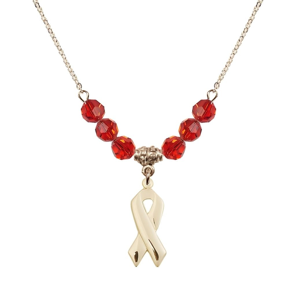 Bliss 14kt Gold-filled Cancer Awareness Ribbon Ruby Birthstone Crystal Beaded Necklace, Charm Measures 7/8 inch tall by 3/8 inch wide
