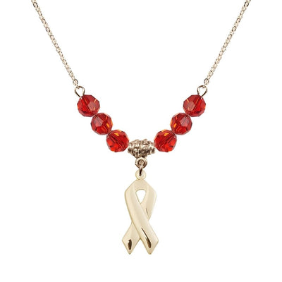 14kt Gold-filled Cancer Awareness Ribbon Ruby Birthstone Crystal Beaded Necklace, Charm Measures 7/8 inch tall by 3/8 inch wide, Bliss Manufacturing