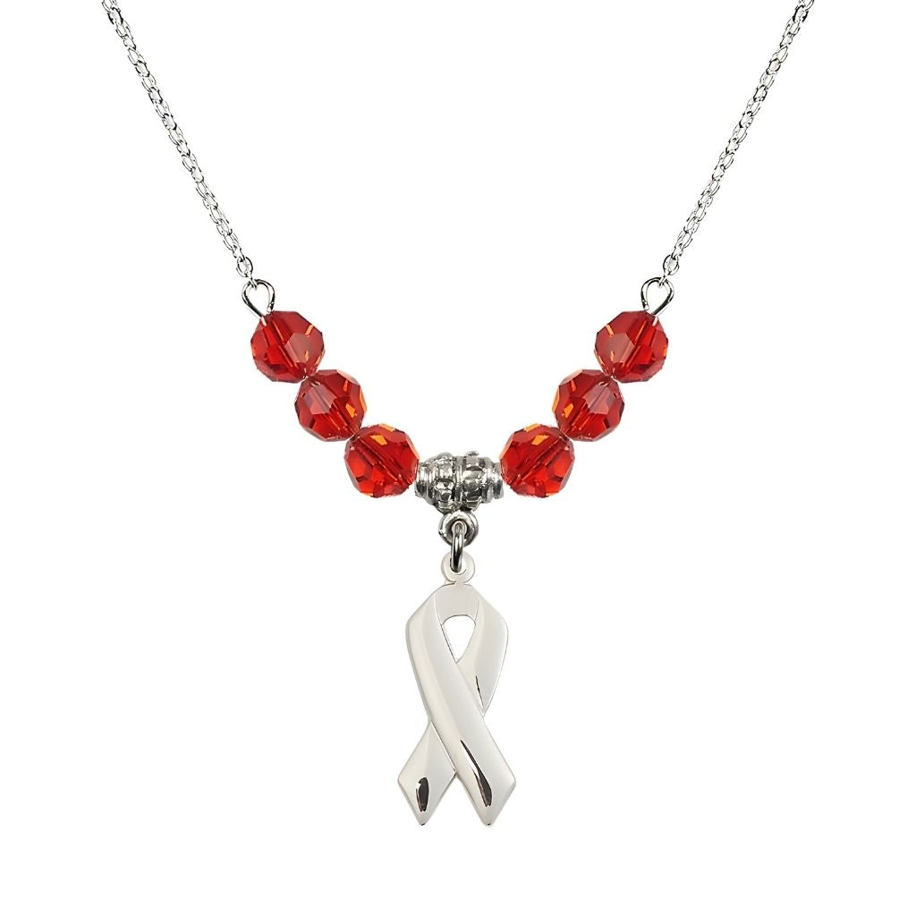 Bliss Sterling Silver Cancer Awareness Ribbon Ruby Birthstone Crystal Beaded Necklace, Charm Measures 7/8 inch tall by 3/8 inch wide