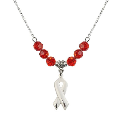 Sterling Silver Cancer Awareness Ribbon Ruby Birthstone Crystal Beaded Necklace, Charm Measures 7/8 inch tall by 3/8 inch wide, Bliss Manufacturing