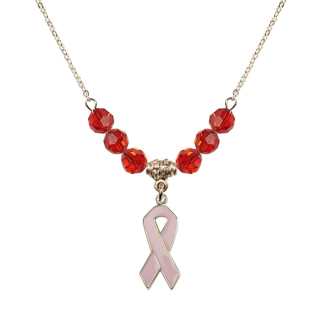 Bliss Gold-filled Breast Cancer Awareness Pink Ribbon Ruby Crystal Beaded Necklace, Measures 7/8-inch tall by 1/4-inch wide