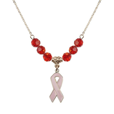 Gold-filled Breast Cancer Awareness Pink Ribbon Ruby Crystal Beaded Necklace, Measures 7/8-inch tall by 1/4-inch wide, Bliss Manufacturing