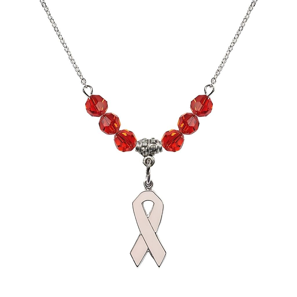 Bliss Sterling Silver Breast Cancer Awareness Pink Ribbon Ruby Crystal Beaded Necklace, Measures 7/8-inch tall by 1/4-inch wide