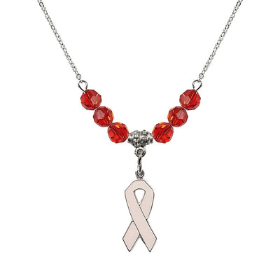 Sterling Silver Breast Cancer Awareness Pink Ribbon Ruby Crystal Beaded Necklace, Measures 7/8-inch tall by 1/4-inch wide, Bliss Manufacturing