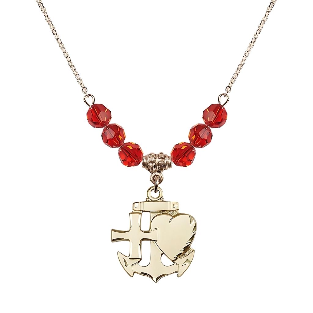 Bliss Christian Faith, Hope and Charity Gold-filled 6mm Ruby Crystal Birthstone Necklace