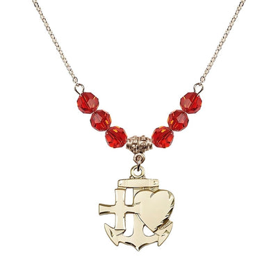 Christian Faith, Hope and Charity Gold-filled 6mm Ruby Crystal Birthstone Necklace, Bliss Manufacturing
