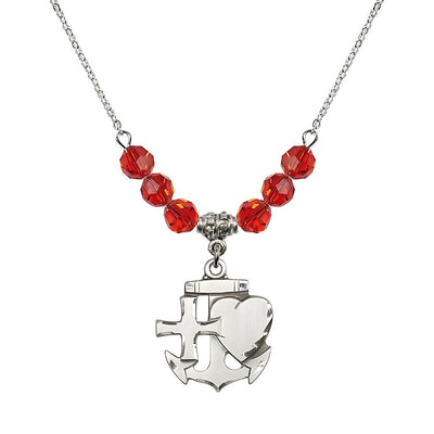 Christian Faith, Hope and Charity Sterling Silver 6mm Ruby Crystal Birthstone Necklace, Medal Measures 7/8-inch tall by 3/4-inch wide, Bliss Manufacturing