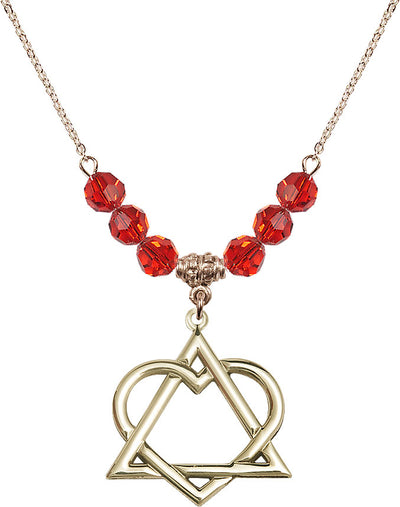 Hamilton Gold Plated Necklace with 6mm Ruby Crystal Beads featuring a 14kt Gold Filled Adoption Heart, Bliss Manufacturing