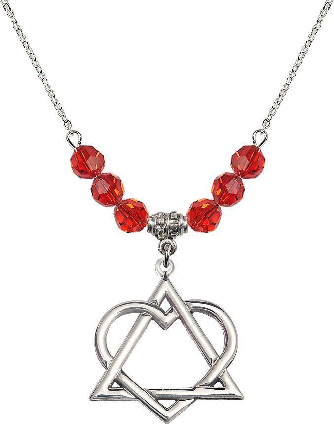 18" Rhodium Plated Necklace with 6mm Ruby Crystal Beads featuring a Sterling Silver Adoption Heart Medal,