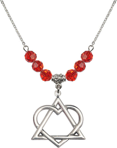 18" Rhodium Plated Necklace with 6mm Ruby Crystal Beads featuring a Sterling Silver Adoption Heart Medal, Bliss Manufacturing