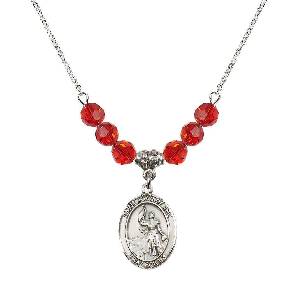 Bliss St. Joan of Arc Oval Sterling Silver 6mm Ruby Austrian Crystal Beaded Necklace, Measures 3/4 inch tall by 1/2-inch wide, Gift Box.