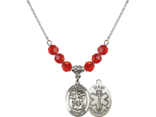 Bliss 1st Responder St Michael Sterling Silver Beaded Necklace in Ruby,