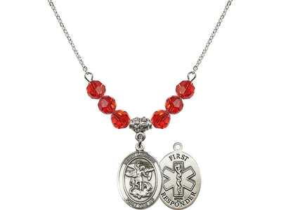 1st Responder St Michael Sterling Silver Beaded Necklace In Ruby, Bliss Manufacturing