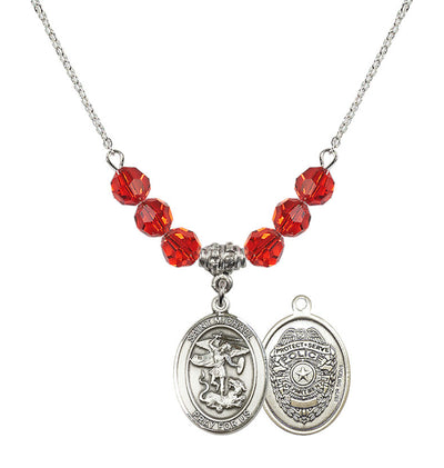 Police Officers St. Michael Sterling Silver 6mm Ruby Beaded Necklace, Measures 3/4 inch tall by 1/2-inch wide, Gift Box, Bliss Manufacturing