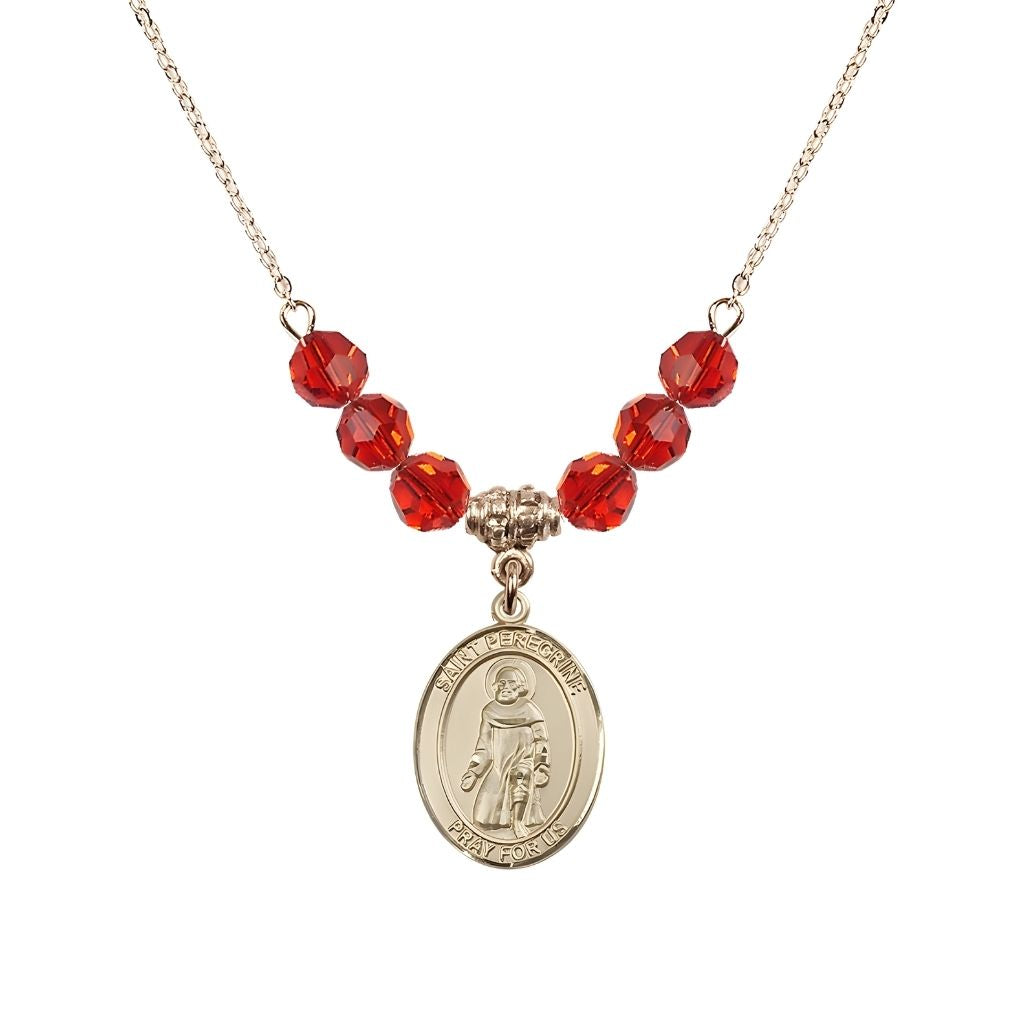 Bliss Our Lady of Fatima 14kt Gold-filled 6mm Ruby Beaded Necklace, Measures 3/4 inch tall by 1/2-inch wide, Gift Box