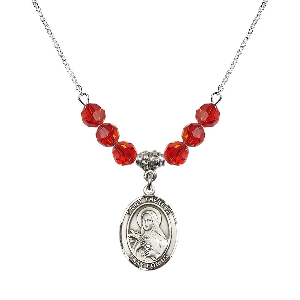 Bliss St. Theresa Sterling Silver Crystal Necklace, handcrafted in the USA, Birthstone 6mm Austrian Crystals in Ruby