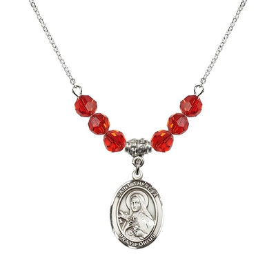 St. Theresa Sterling Silver Crystal Necklace, handcrafted in the USA, Birthstone 6mm Austrian Crystals in Ruby, Bliss Manufacturing