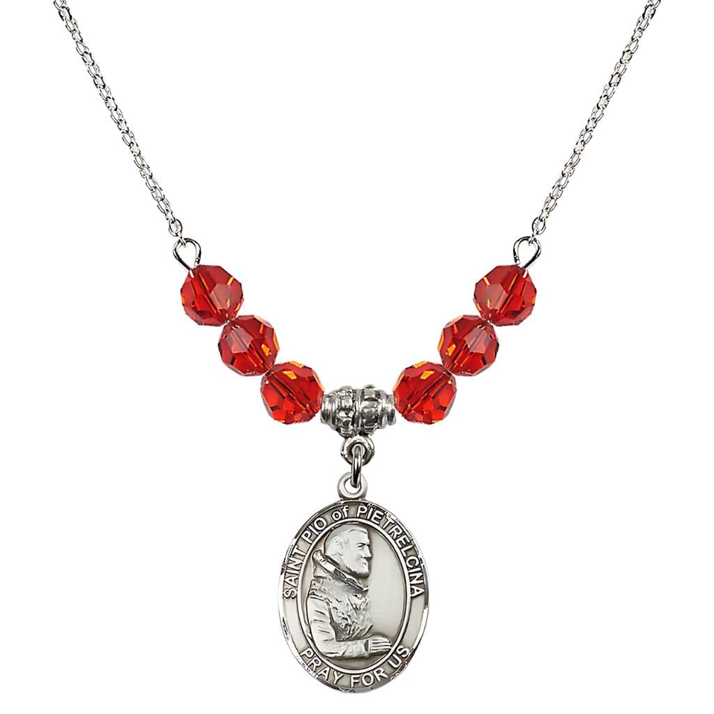 Bliss Sterling Silver St. Padre Pio of Pietrelcina Ruby Crystal Birthstone Necklace