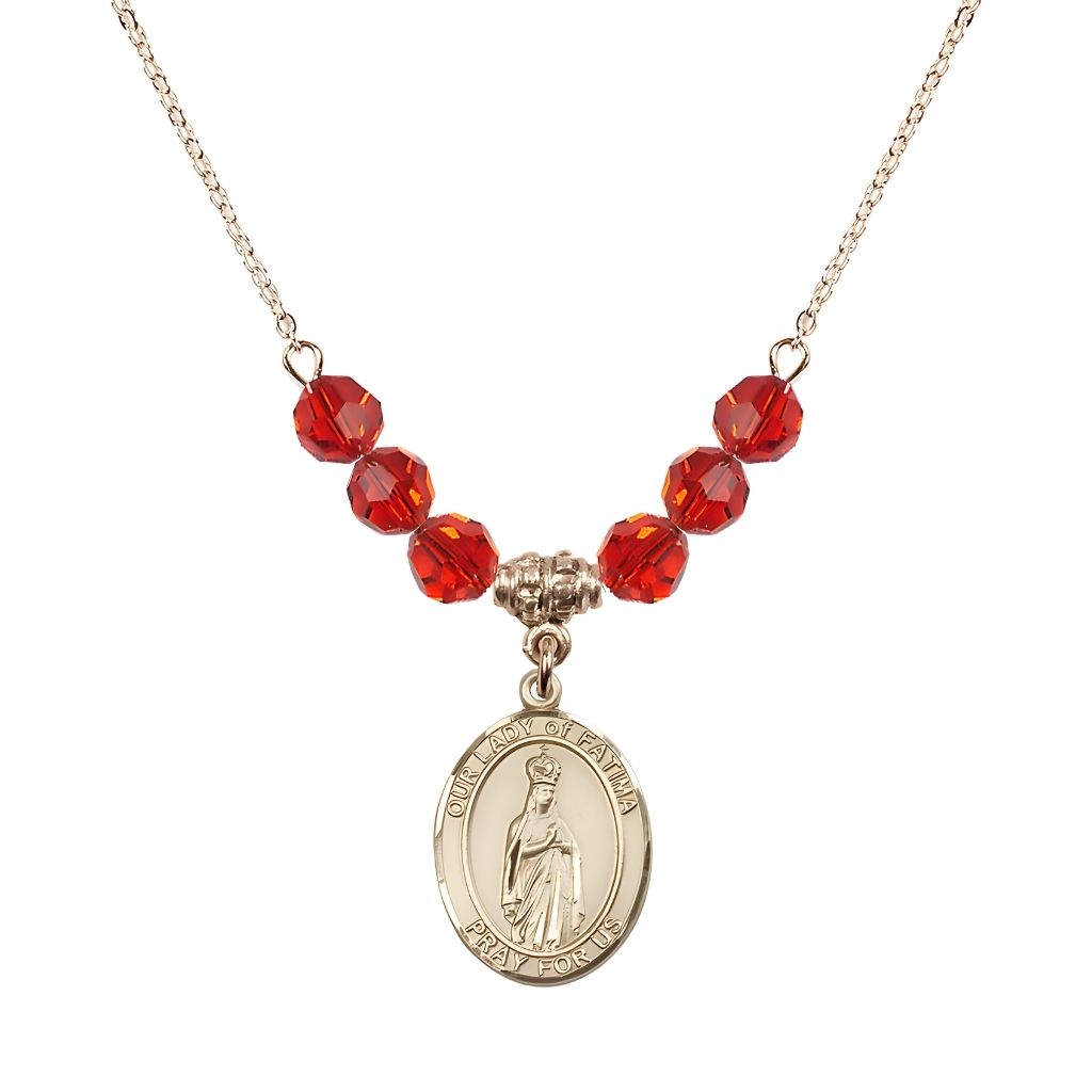 Bliss Our Lady of Fatima Gold-filled 6mm Ruby Beaded Necklace, Measures 3/4 inch tall by 1/2-inch wide, Gift Box