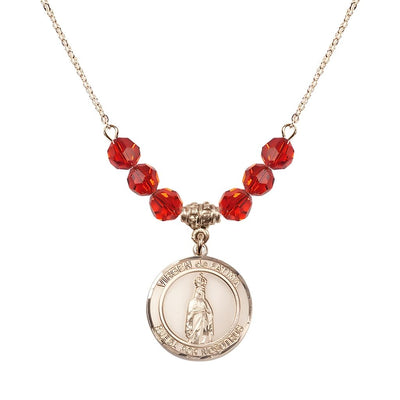 Virgen de Fatima Round 14kt Gold-filled 6mm Ruby Beaded Necklace, Measures 3/4 inch tall by 1/2-inch wide, Gift Box, Bliss Manufacturing