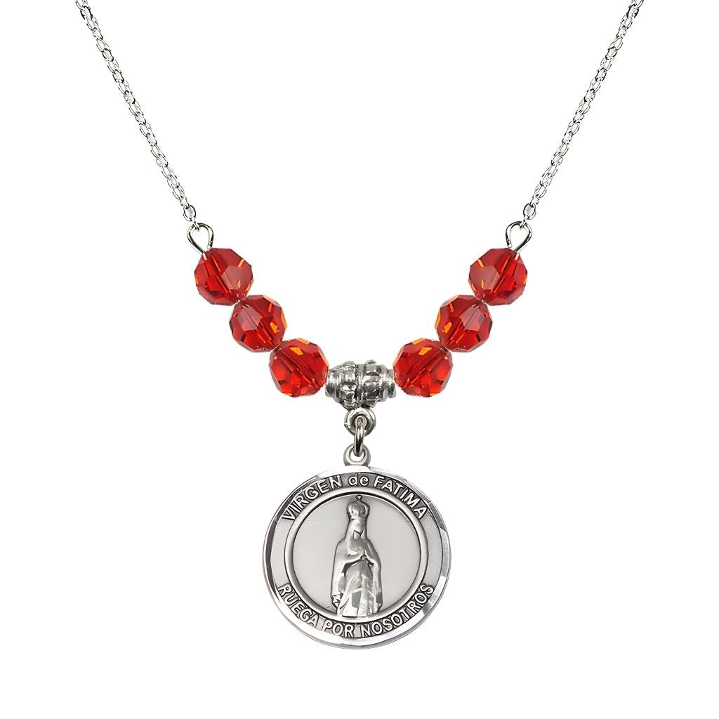 Bliss Virgen de Fatima Round Sterling Silver 6mm Ruby Beaded Necklace, Measures 3/4 inch tall by 1/2-inch wide, Gift Box