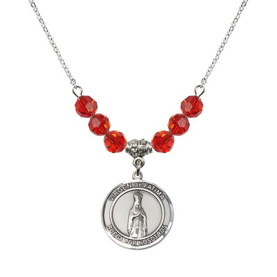 Virgen de Fatima Round Sterling Silver 6mm Ruby Beaded Necklace, Measures 3/4 inch tall by 1/2-inch wide, Gift Box, Bliss Manufacturing