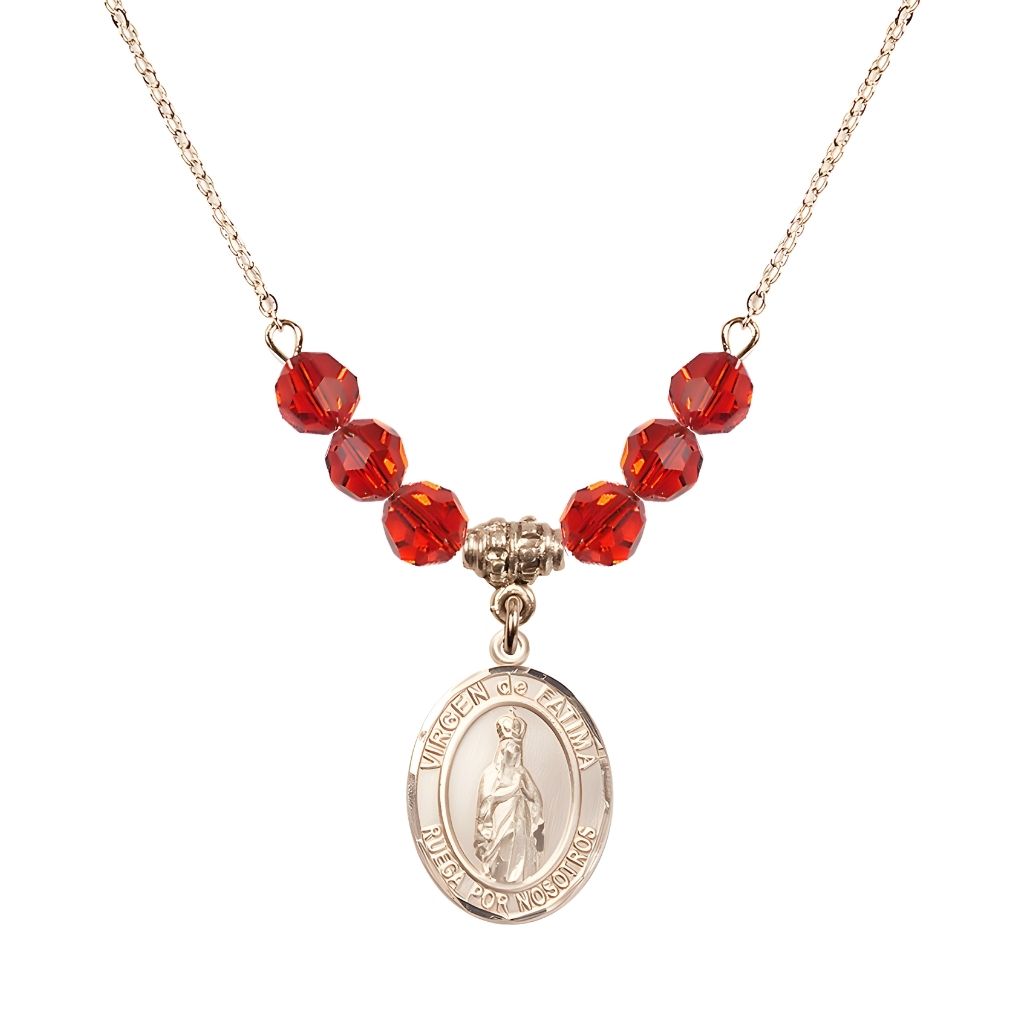 Bliss Virgen de Fatima 14kt Gold-filled 6mm Ruby Beaded Necklace, Measures 3/4 inch tall by 1/2-inch wide, Gift Box