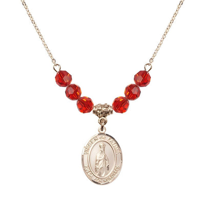 Virgen de Fatima 14kt Gold-filled 6mm Ruby Beaded Necklace, Measures 3/4 inch tall by 1/2-inch wide, Gift Box, Bliss Manufacturing
