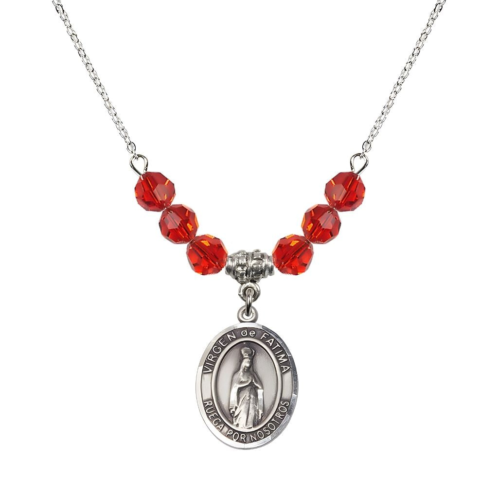 Bliss Virgen de Fatima Oval Sterling Silver 6mm Ruby Beaded Necklace, Measures 3/4 inch tall by 1/2-inch wide, Gift Box