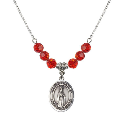 Virgen de Fatima Oval Sterling Silver 6mm Ruby Beaded Necklace, Measures 3/4 inch tall by 1/2-inch wide, Gift Box, Bliss Manufacturing