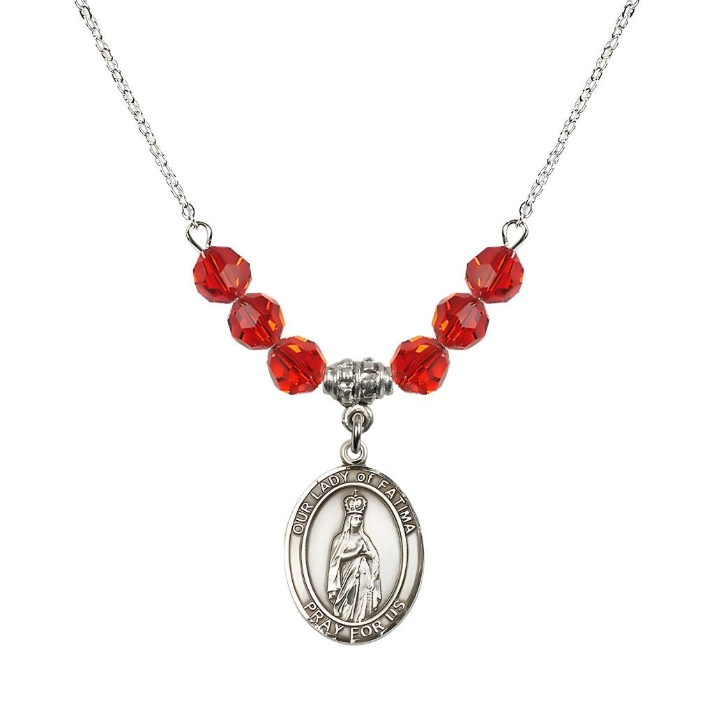 Bliss Our Lady of Fatima Sterling Silver 6mm Ruby Beaded Necklace, Measures 3/4 inch tall by 1/2-inch wide, Gift Box