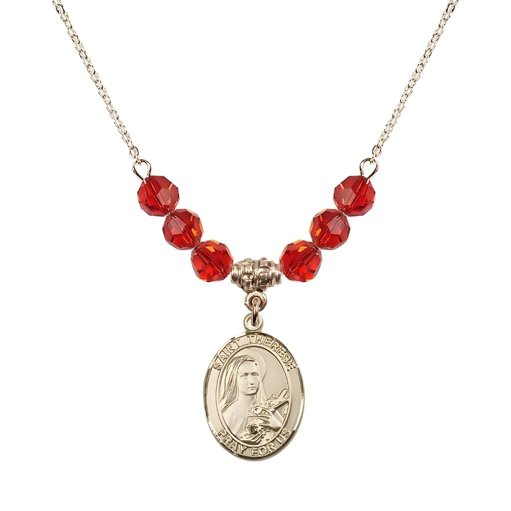 Bliss St. Therese of Lisieux Gold-filled Birthstone Necklace with 6mm Austrian crystal in ruby beads