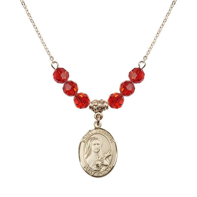 St. Therese of Lisieux Gold-filled Birthstone Necklace with 6mm Austrian crystal in ruby beads, Bliss Manufacturing