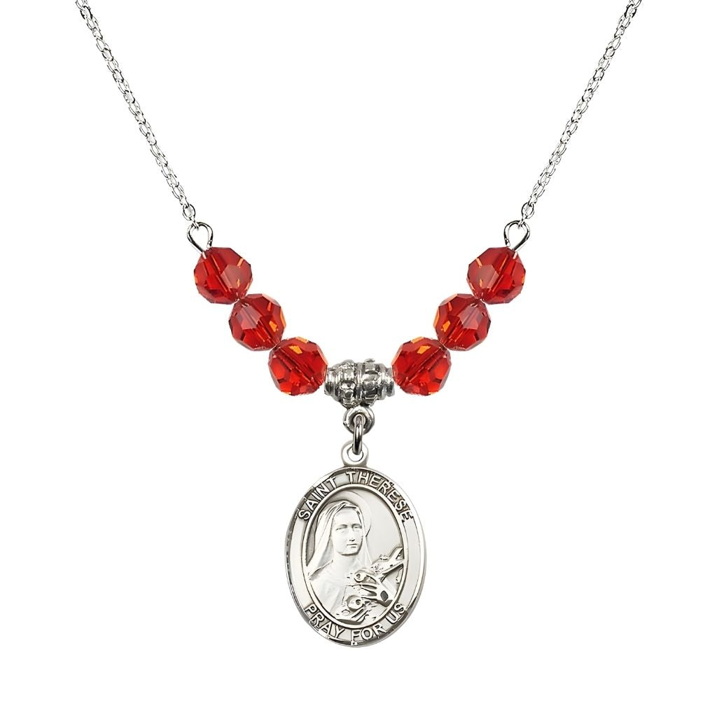 Bliss St. Therese of Lisieux Sterling Silver Medal and Birthstone 6mm Ruby Crystal Necklace