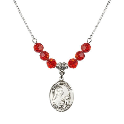 St. Therese of Lisieux Sterling Silver Medal and Birthstone 6mm Ruby Crystal Necklace, Bliss Manufacturing