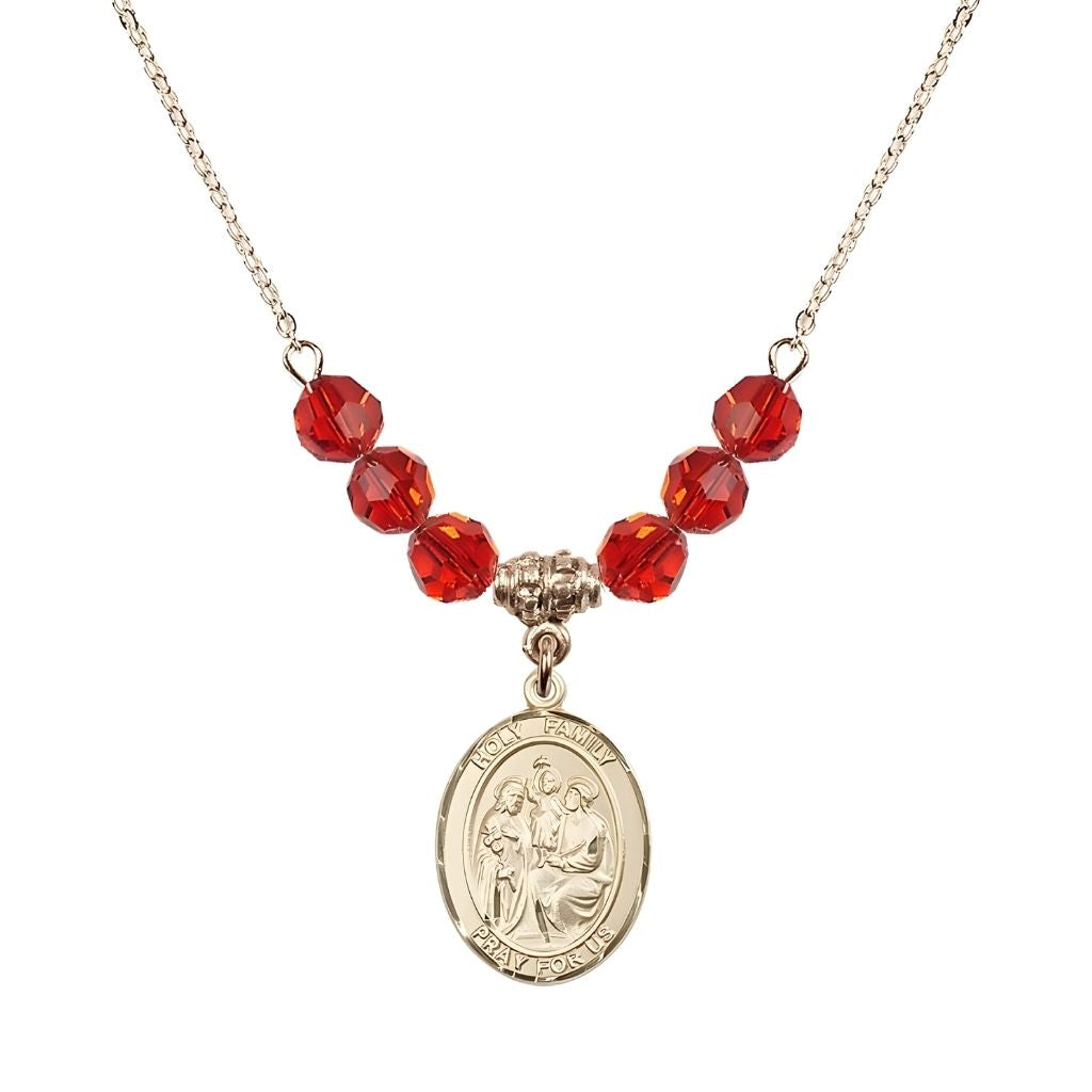 Bliss Holy Family Beaded Necklace with Gold-filled Medal, 6mm Austrian Crystal Ruby Beads for July